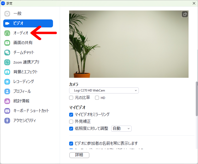 Zoomの設定画面。左側のオーディオに向かって矢印が書き加えられている。
